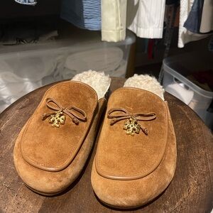 Tory Burch Tan Suede Slippers with Gold Accent